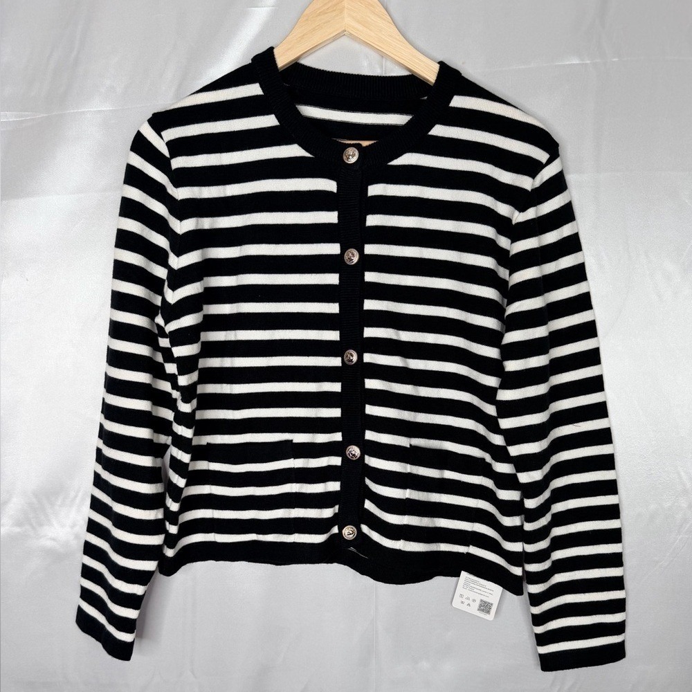 NWT Black & White Striped Cardigan w/ Gold Buttons – Size Medium